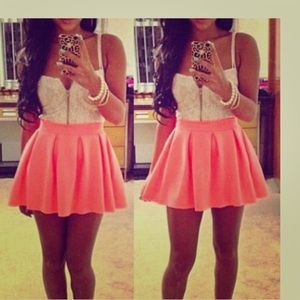 Spaghetti strap pleated white lace and pink dress